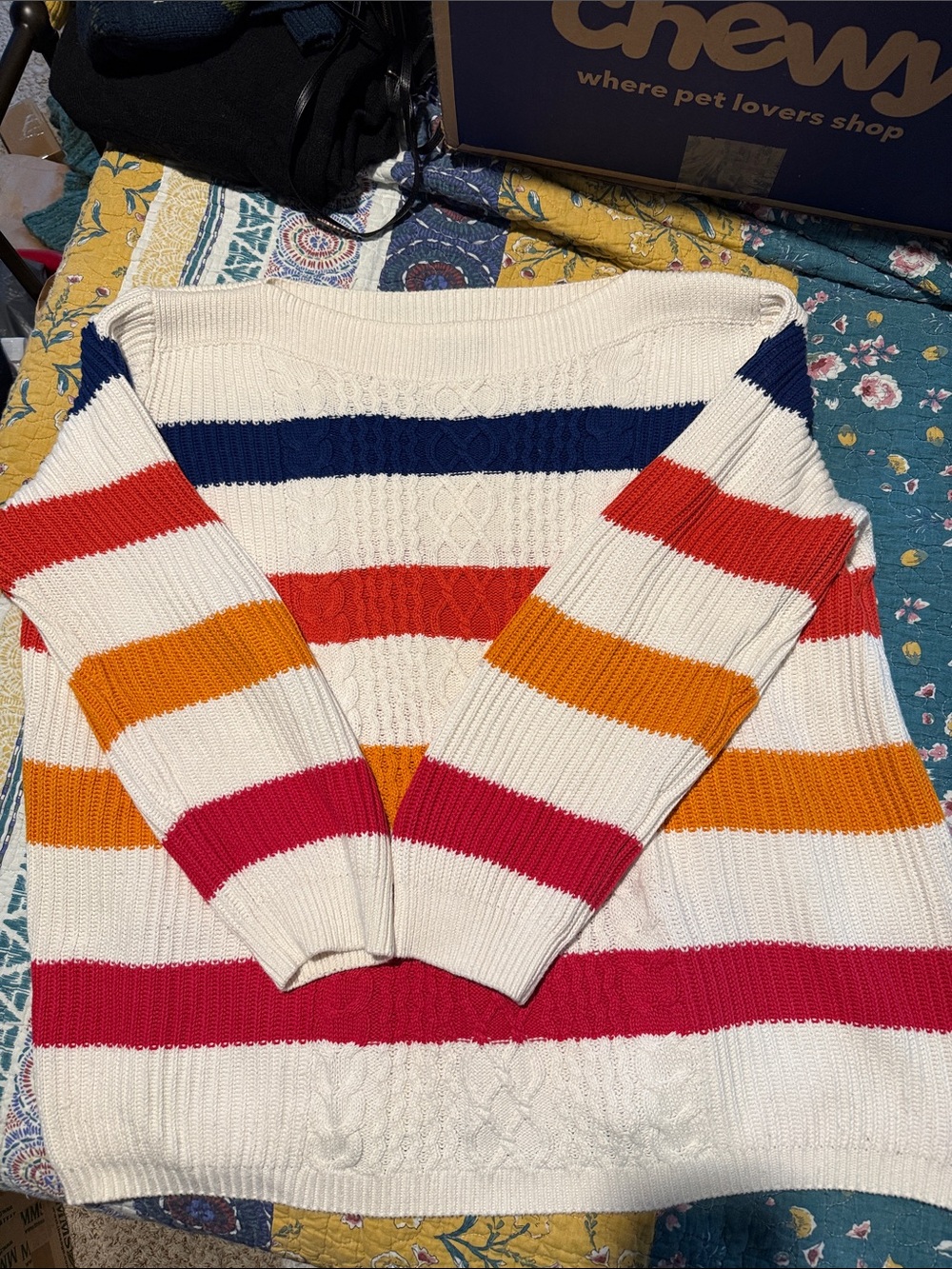 Striped Cable-Knit Boatneck Sweater - White with Navy, Red, Orange, Pink